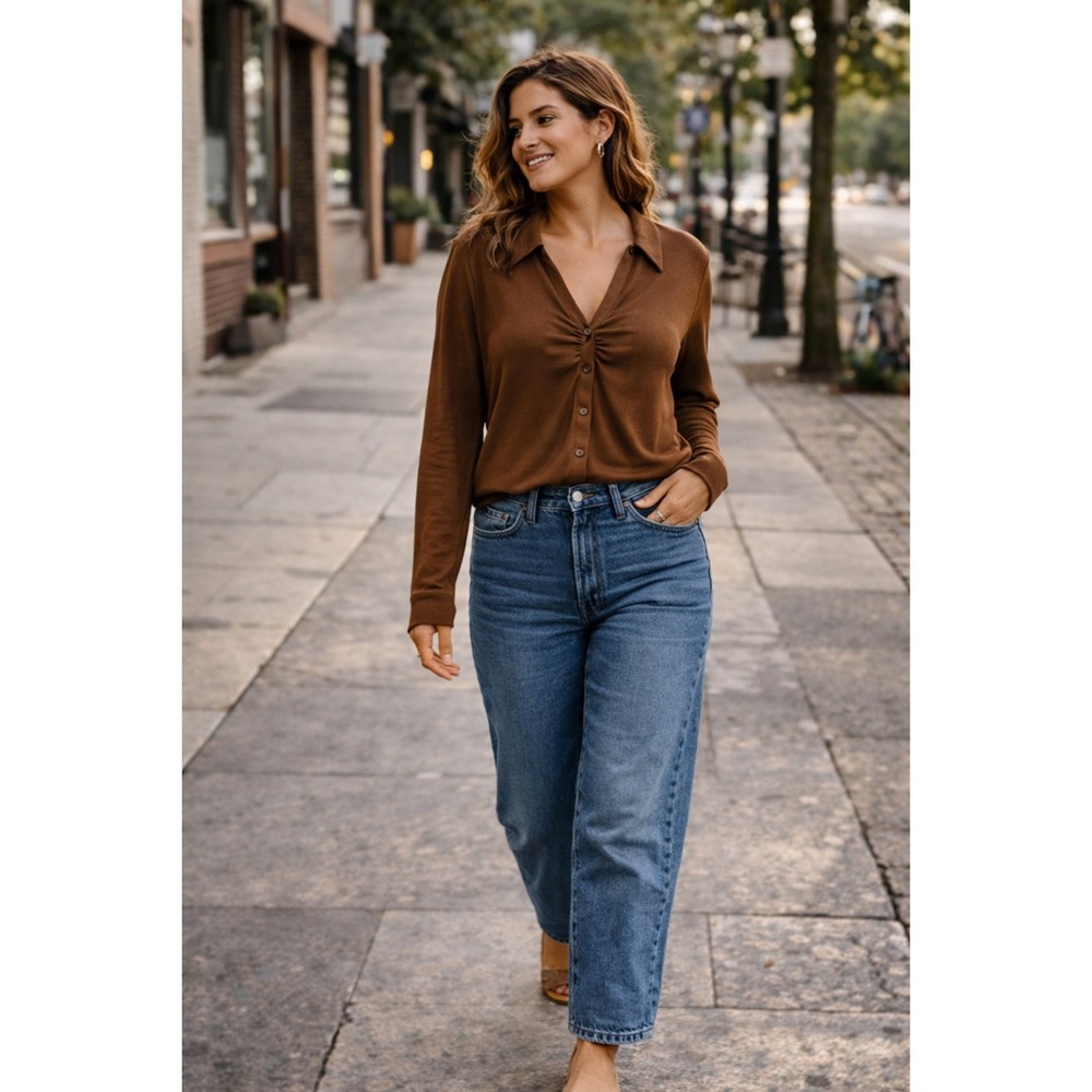 Madewell Brown Button Front Knit Top Ruched‎ Detail Long Sleeve 3X